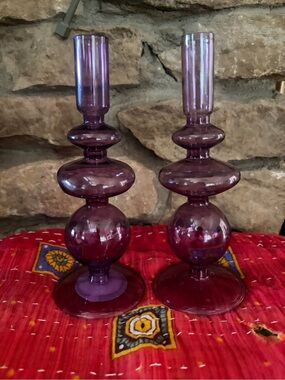 NWT Purple Bubble Glass Taper Candle Candlestick Pair 2 PC 9”